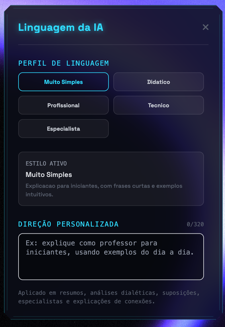 Painel de configuração de linguagem da IA